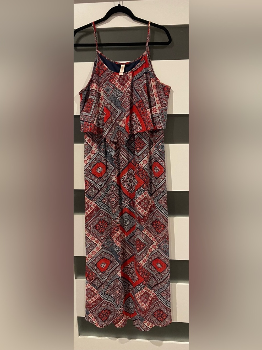 Xhilaration Red and Navy Patterned Maxi Skirt